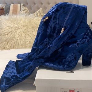 Blue velvet thigh high boots